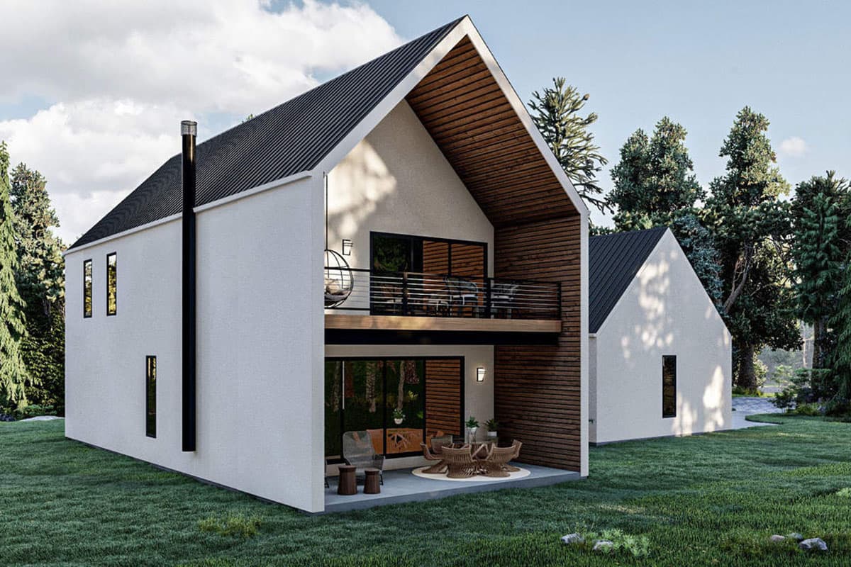 Modern two-story house plan exterior with steep gable roof, balconies, wood siding accents, and tall chimney.