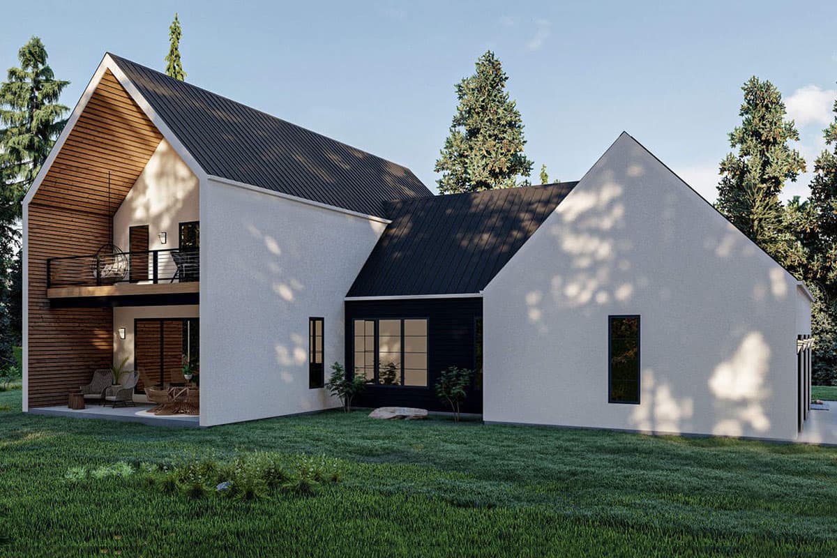 Modern house plan exterior with white stucco, wood siding, gabled roofs, and second-story balcony.