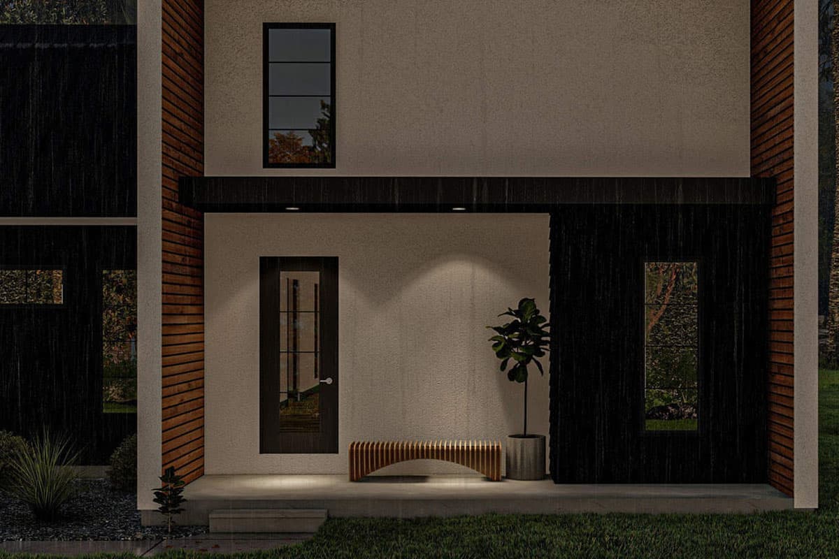 Modern house plan exterior with horizontal wood siding, stucco walls, dark-framed windows, and a glass-paneled front door.