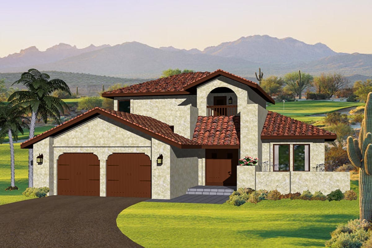 House plan exterior with Spanish style, featuring a tile roof, arched entryway, a second story balcony, and a two-car garage.
