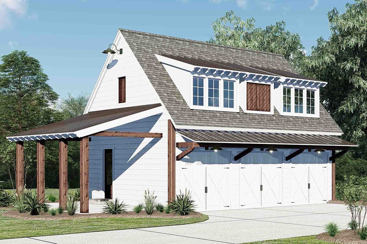 House plan exterior. Two-story Modern Farmhouse with a gable roof, covered porch, and dormers above the garage doors.