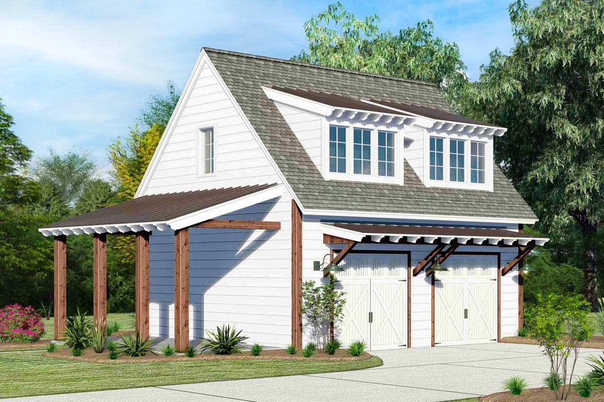 House plan exterior with two stories and a gable roof. Features include a covered porch, dormers, and a two-car garage with a pergola-style overhang.