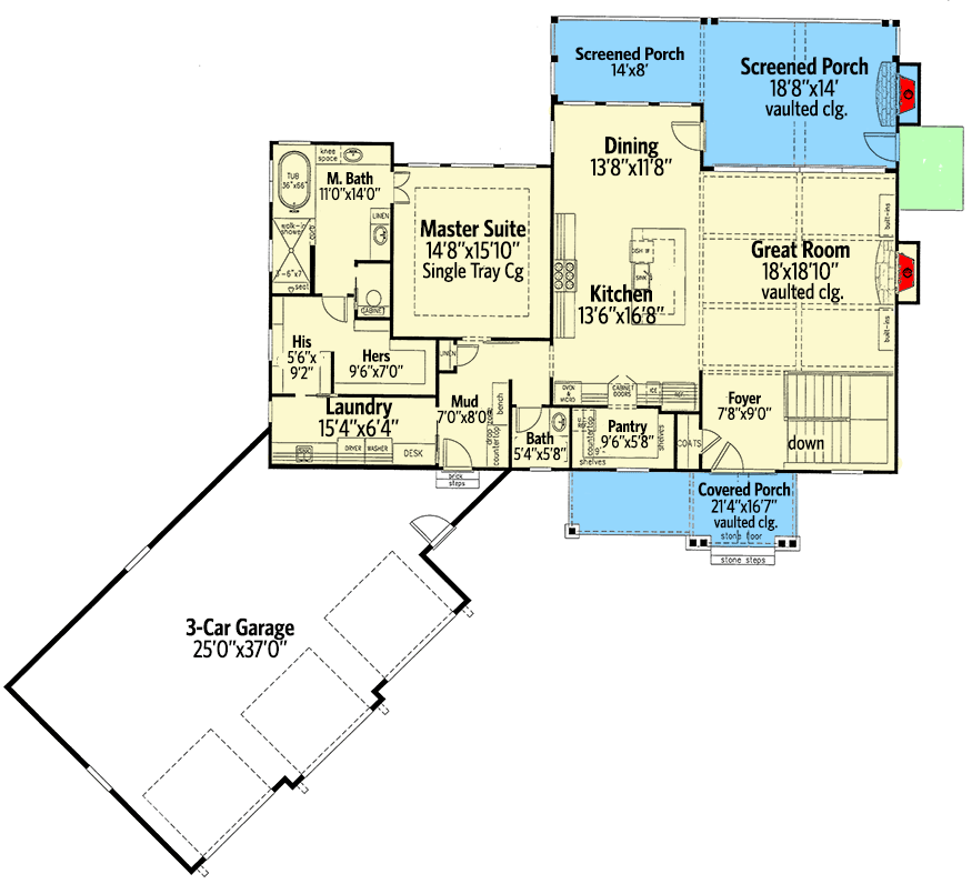 Plan 24413TW: New American House Plan for a Rear Sloping Lot with Angled 3-car Garage Plus a Drive-under Garage - Floor Plan - Main Level - Craftsman, New American, Traditional