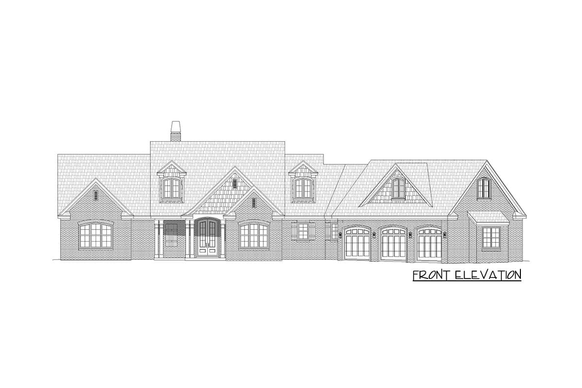 Front elevation drawing of a brick house with multiple gables, dormers, a covered porch, and a four-car garage.