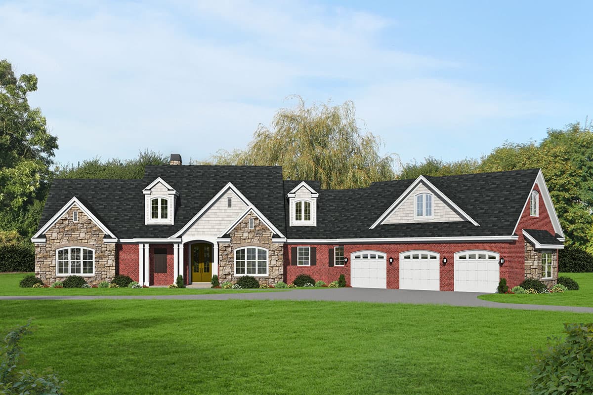 House plan exterior featuring stone and brick facade, arched dormers, a covered entrance, and a three-car garage.