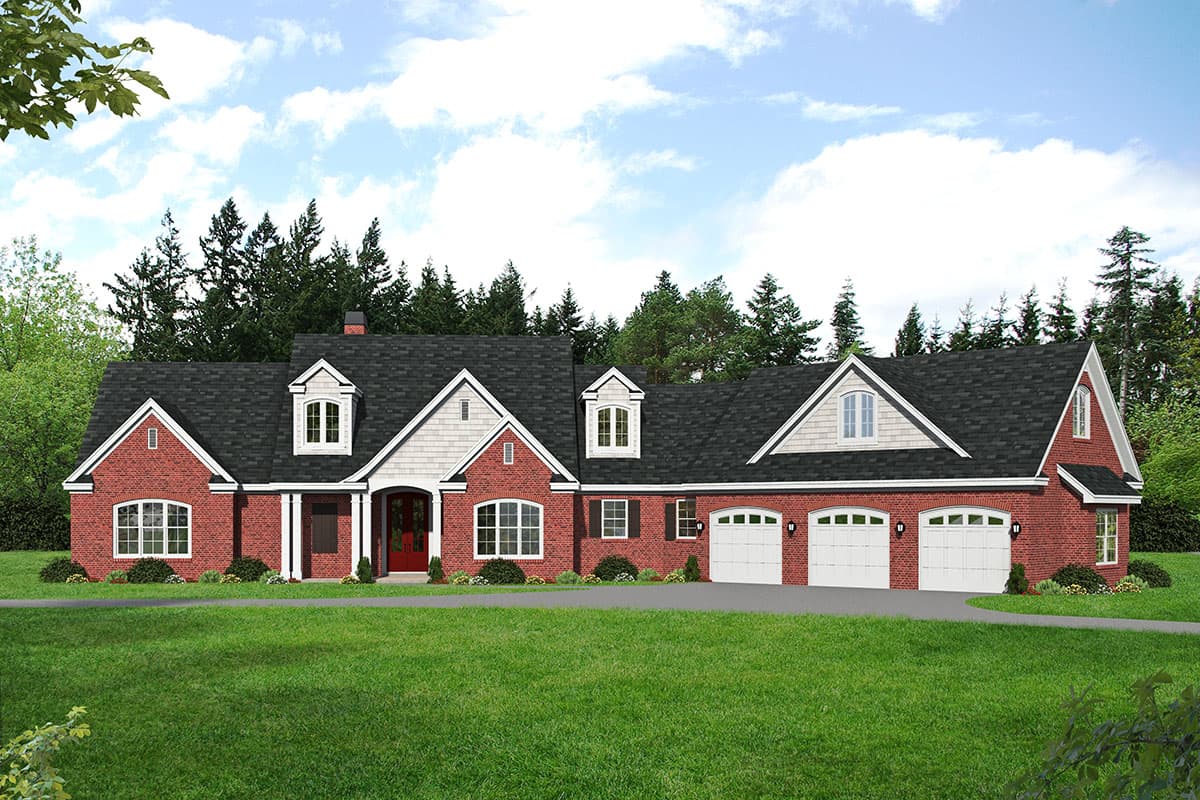 House plan exterior. Two-story, brick facade, featuring a gabled roof, dormers, and an attached three-car garage. Porch entry with columns.