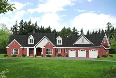 3-Bed Brick and Shingle Country Home Plan with Angled 3-Car Garage