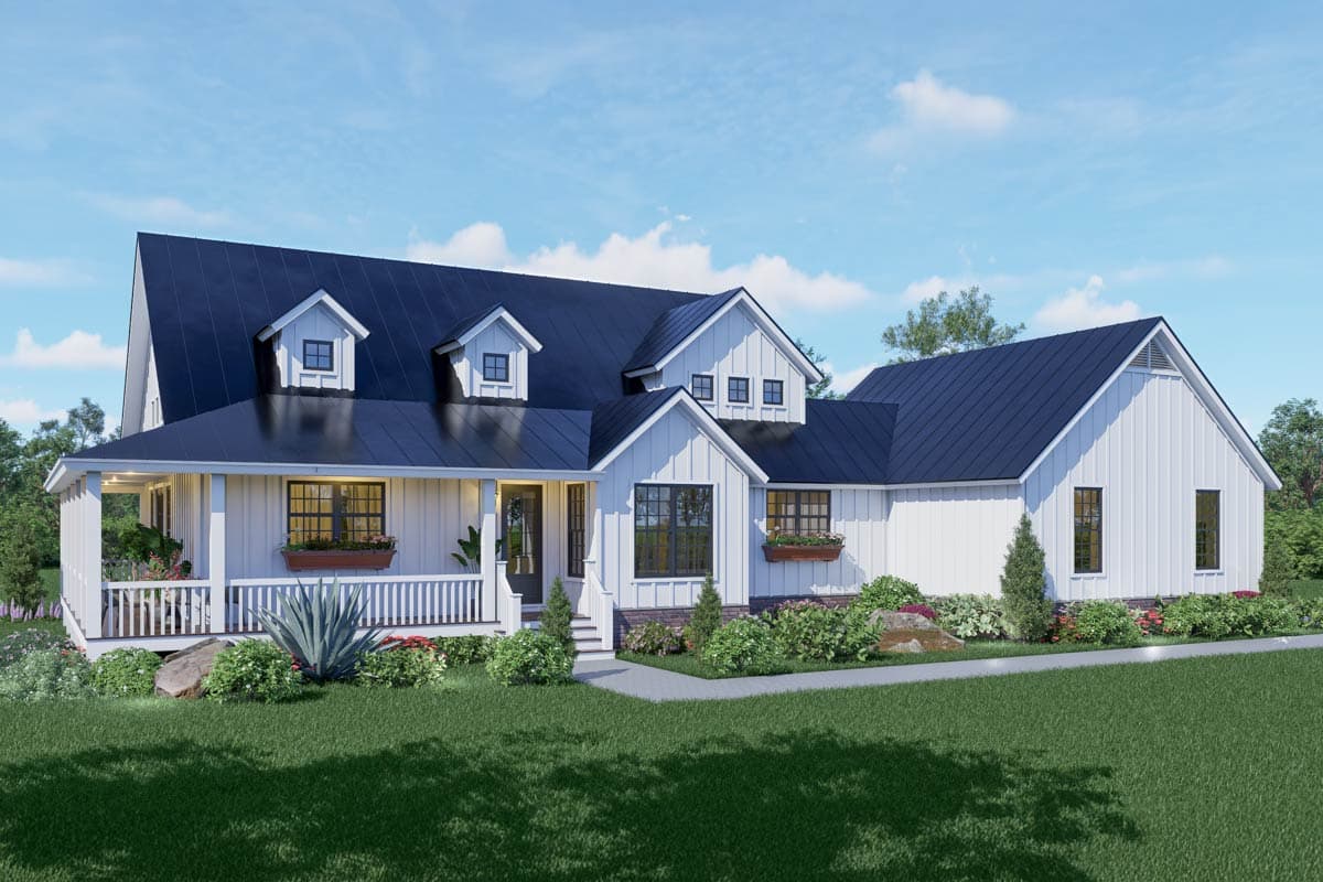 House plan exterior. Two-story Modern Farmhouse with a covered porch, dormers, and gabled rooflines. Features board and batten siding.
