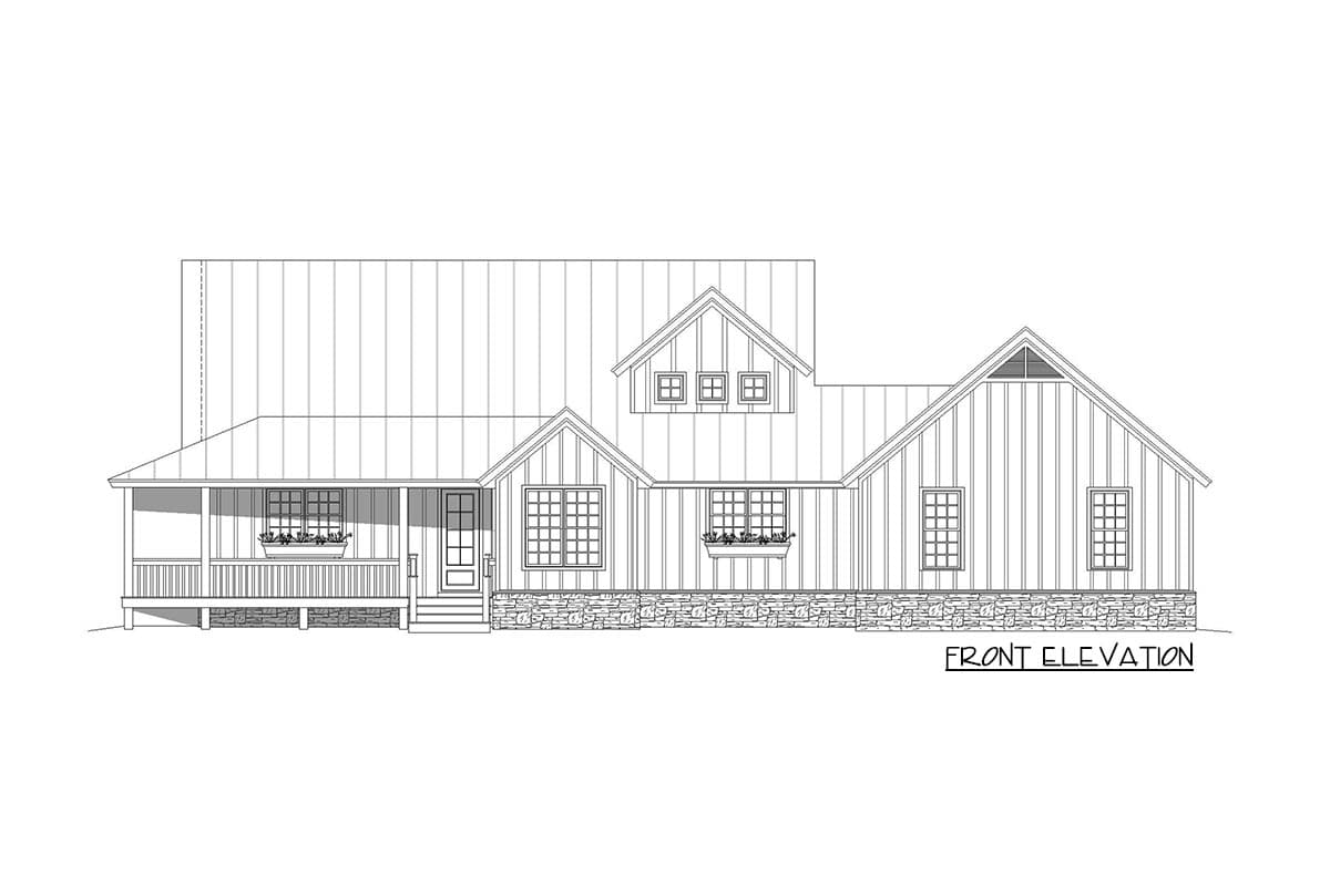 Front elevation drawing of a Modern Farmhouse style house plan with a gabled dormer, porch, and stone foundation.