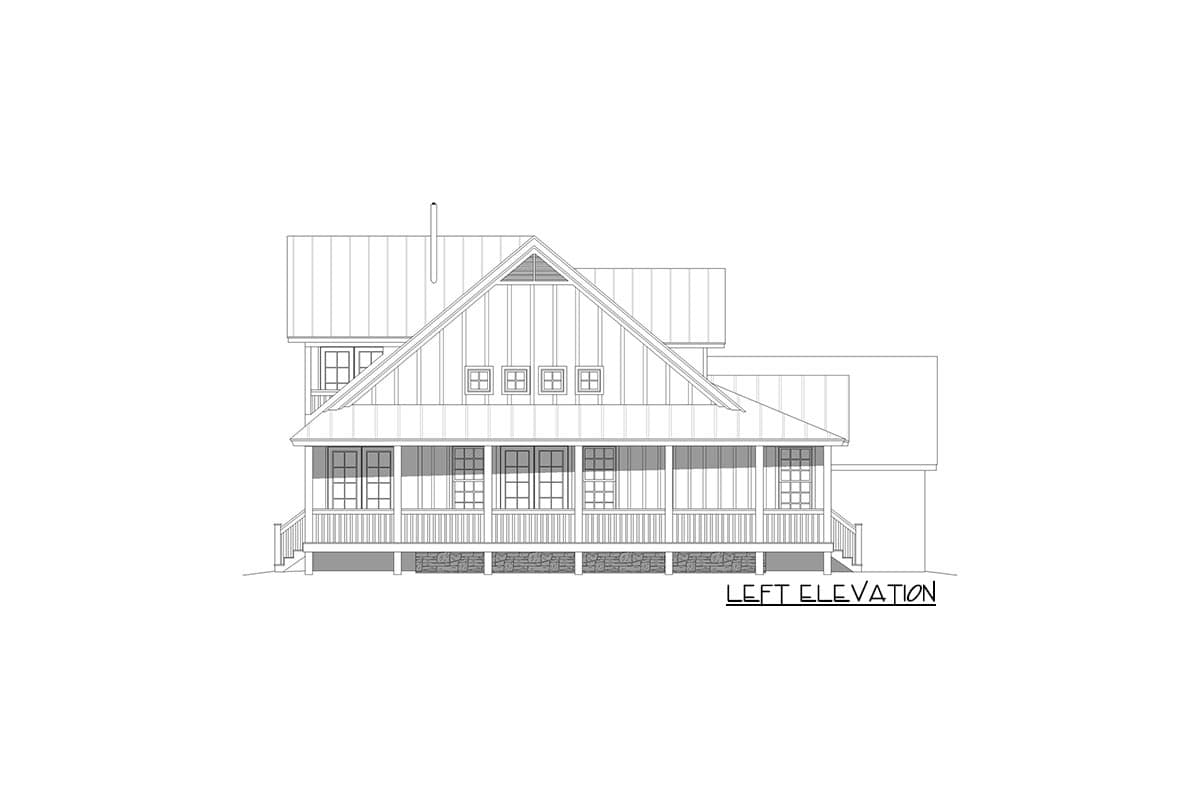 Left elevation of a two-story house plan featuring a full-width porch, gabled roof, and multiple dormer windows.