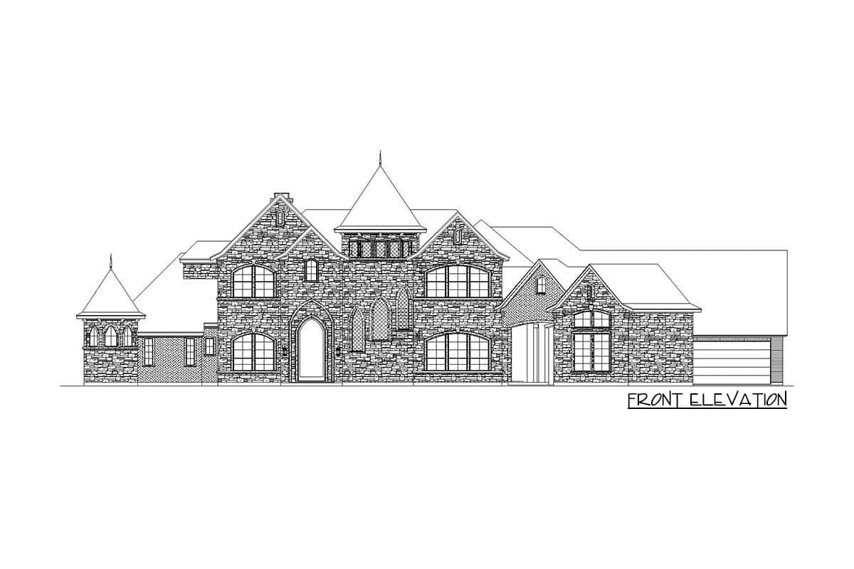 Front elevation of a stone house plan with multiple gables, turrets, arched windows, and attached garage.
