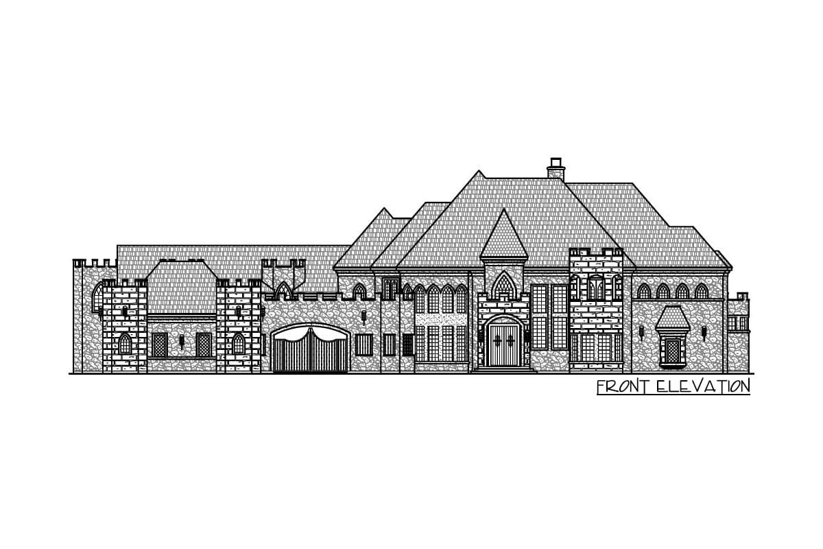 Front elevation drawing of a multi-story house with castle-like features, towers, and a prominent arched garage.