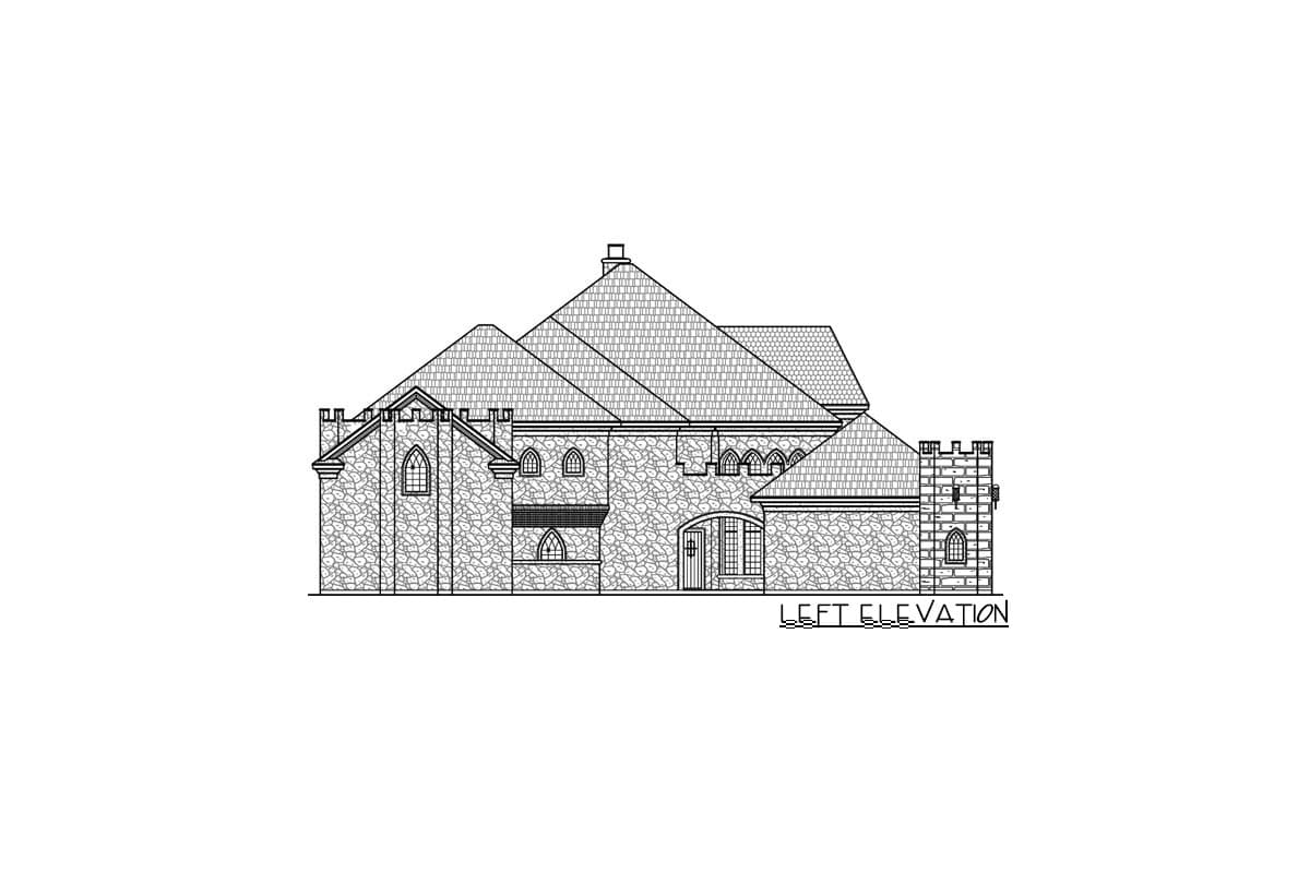 Left elevation house plan with stone texture, multiple gables, arched windows, and a tower.