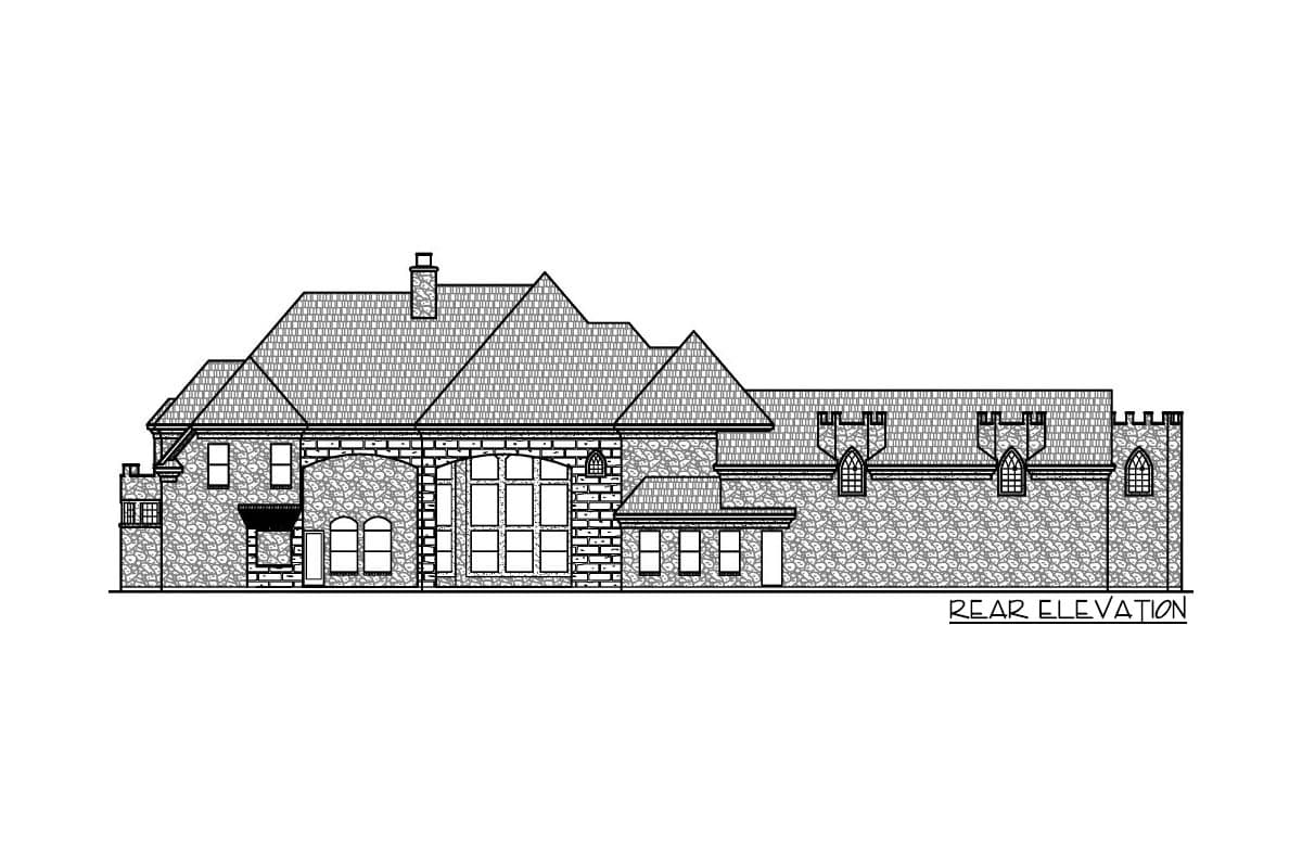 Rear elevation house plan with multiple gables, arched windows, and stone facade.