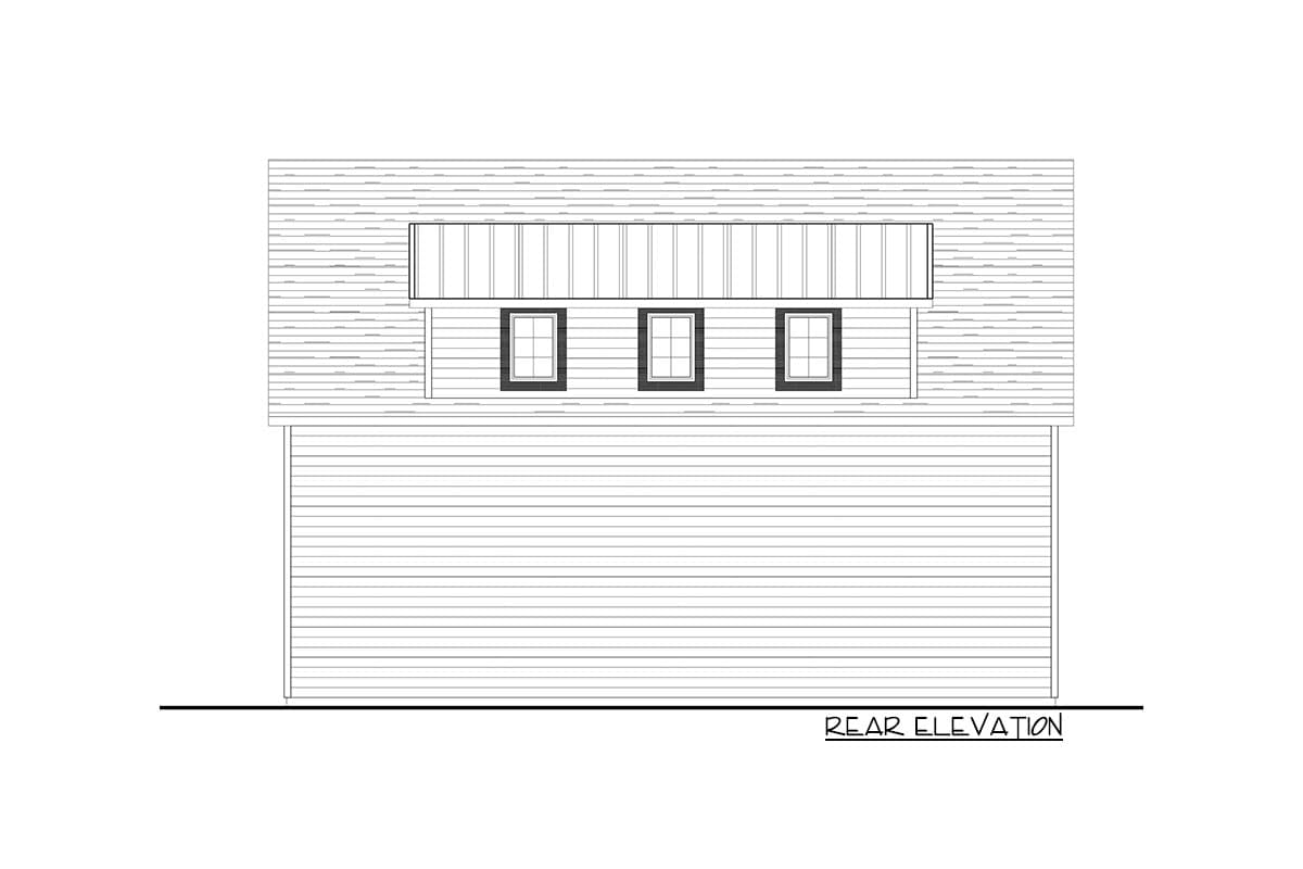 Rear elevation drawing of a house plan with three evenly spaced windows above the main wall.