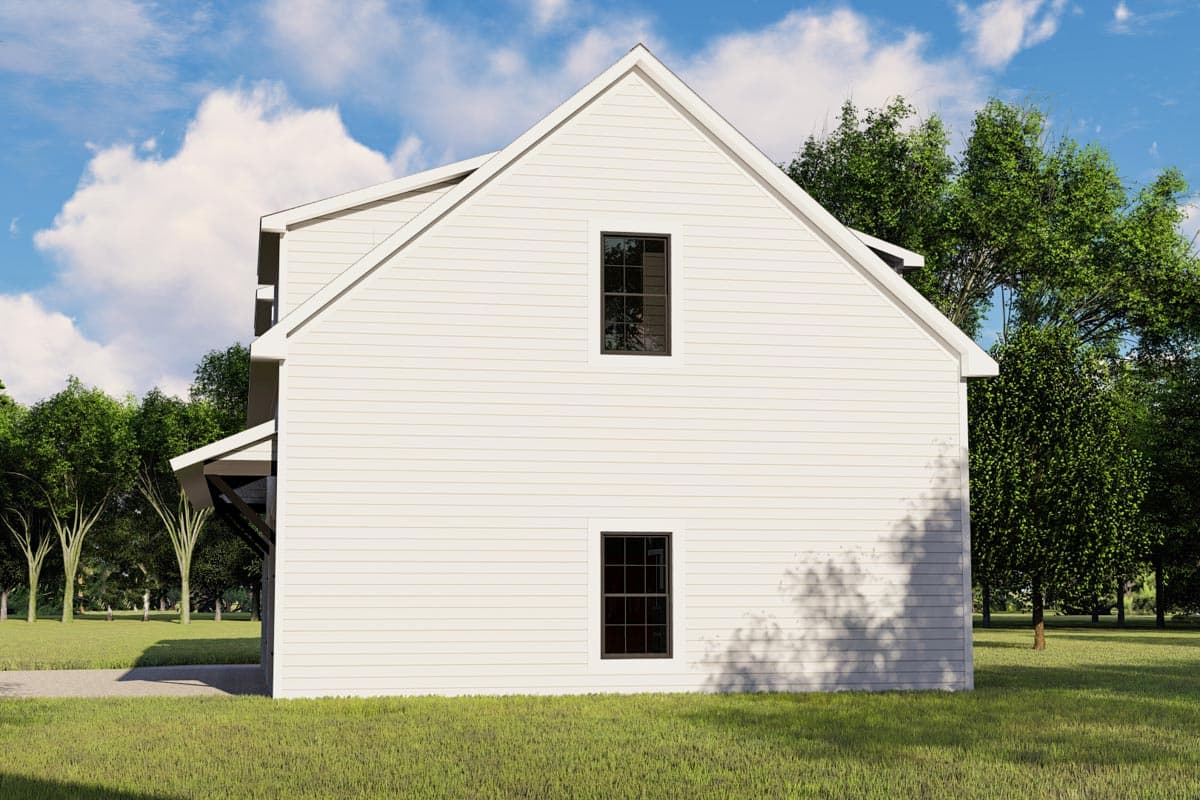 Modern Farmhouse house plan exterior with gabled roof, white siding, and two dark-framed windows.