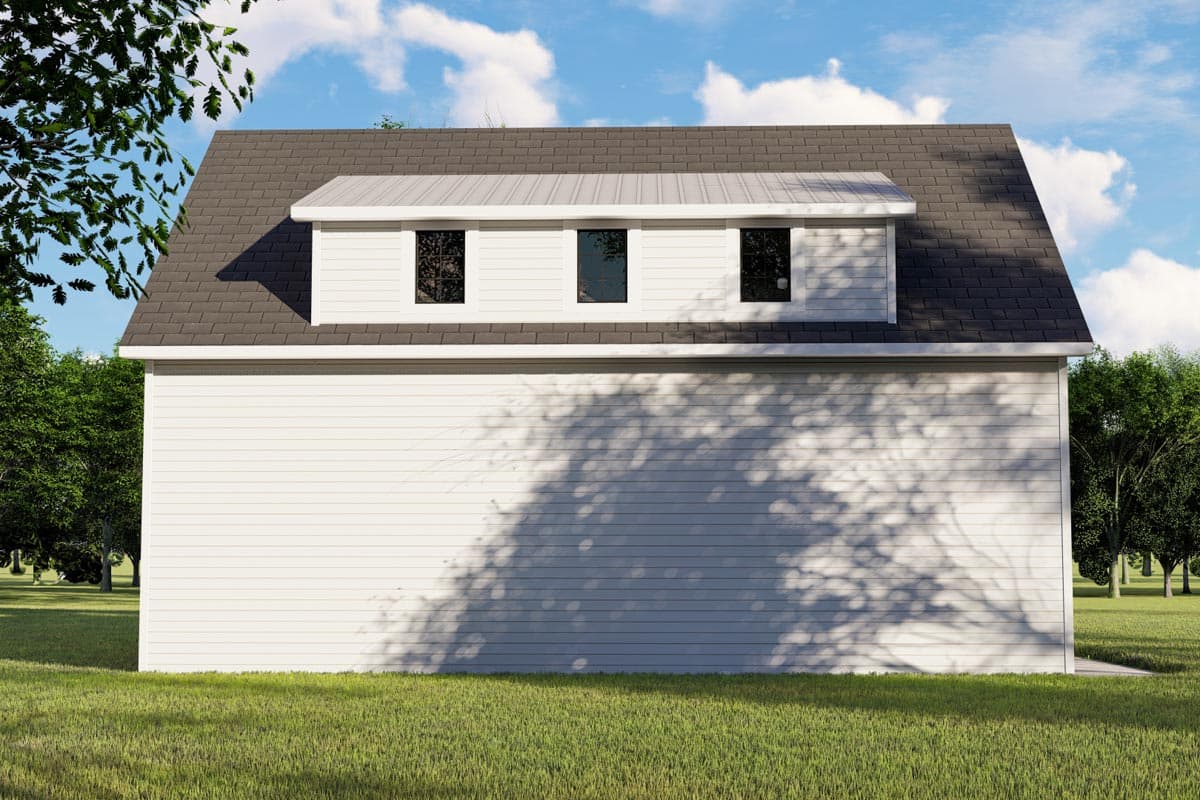 House plan exterior, two stories, siding, gable roof, dormer with three windows.