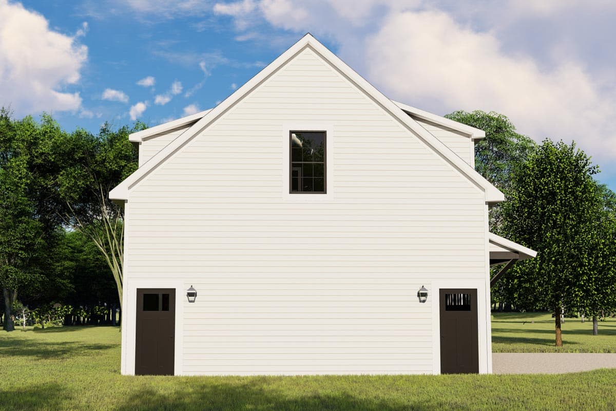 Modern Farmhouse house plan exterior with two garage doors, shed dormers, a central gable, and a dormer window.