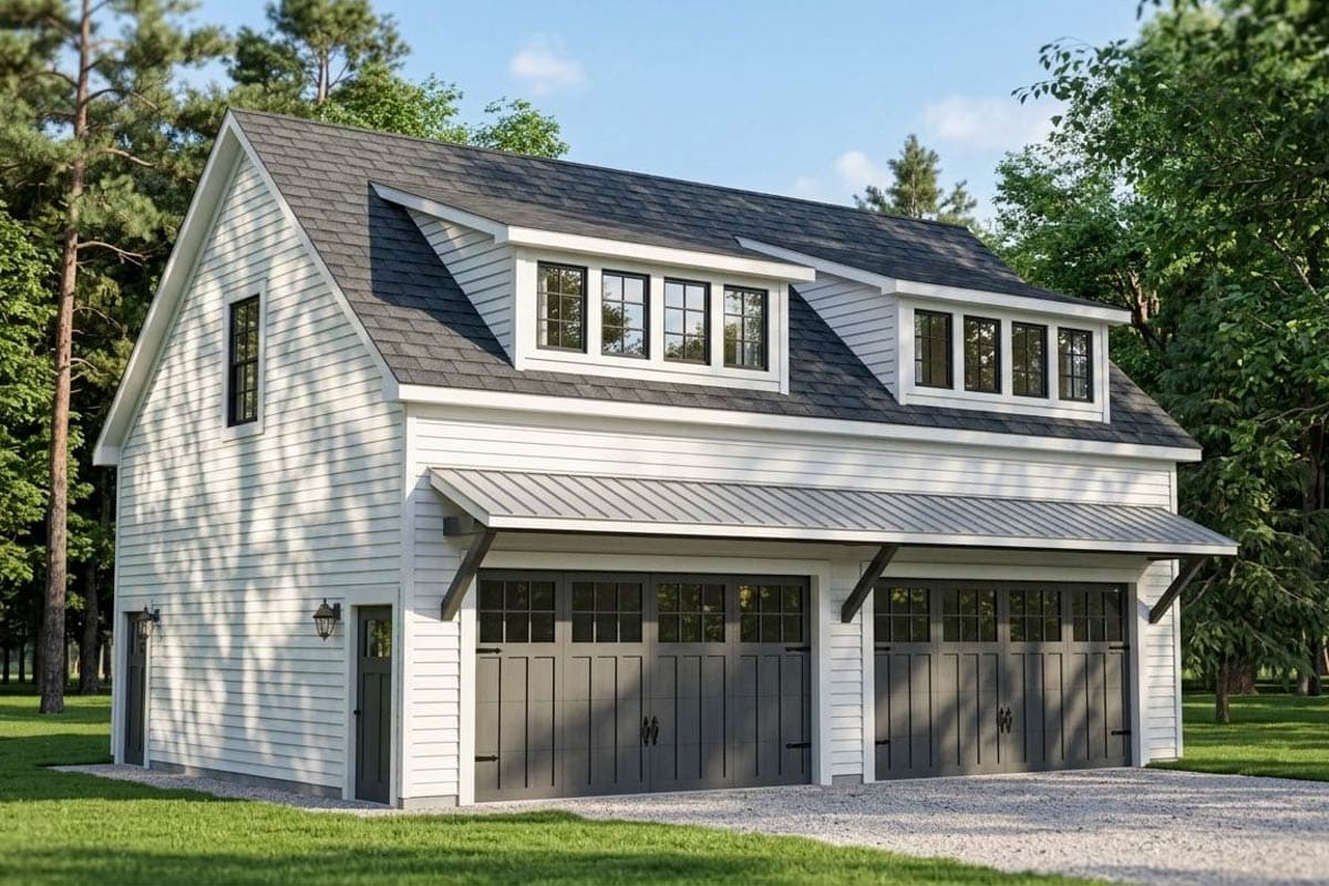 House plan exterior. Two-story garage with gable roof, dormers, and two overhead garage doors with awnings.