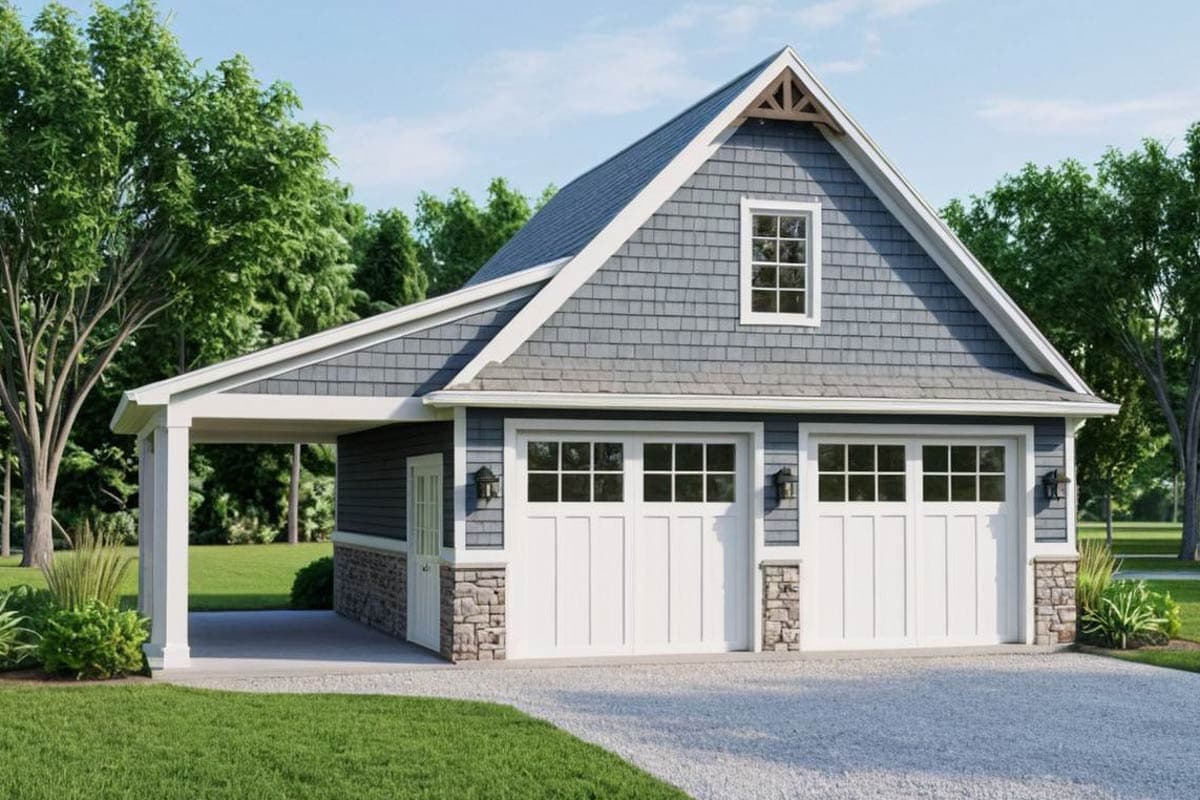 House plan exterior with Craftsman style, two-car garage, gable roof, and covered entry porch. Features stone accents and shake siding.