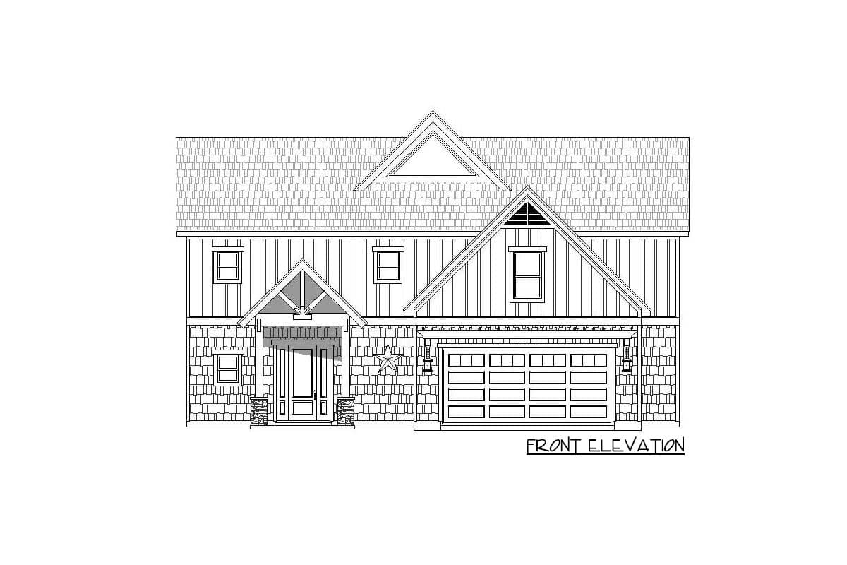 Front elevation house plan with gabled rooflines, prominent front entry porch, and attached two-car garage.