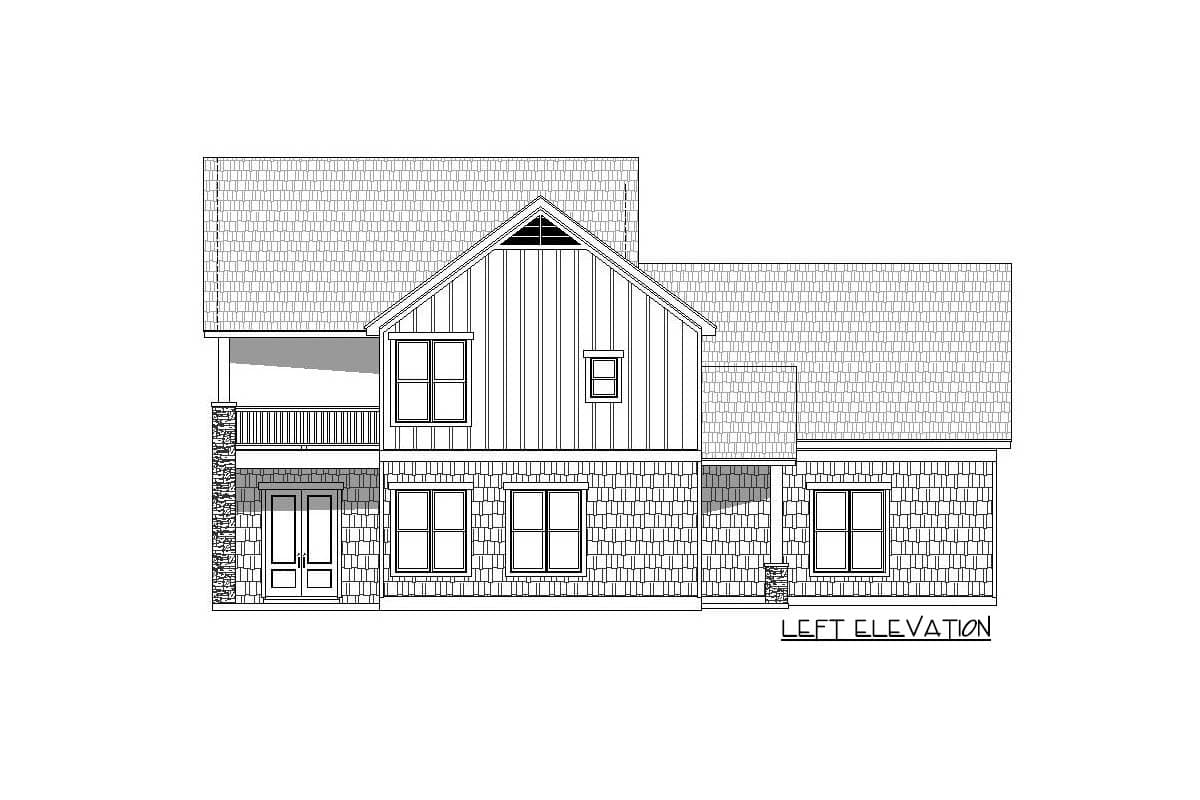 House plan left elevation drawing showing a two-story home with a gabled roof, board-and-batten siding, shingle siding, and a second-story balcony.