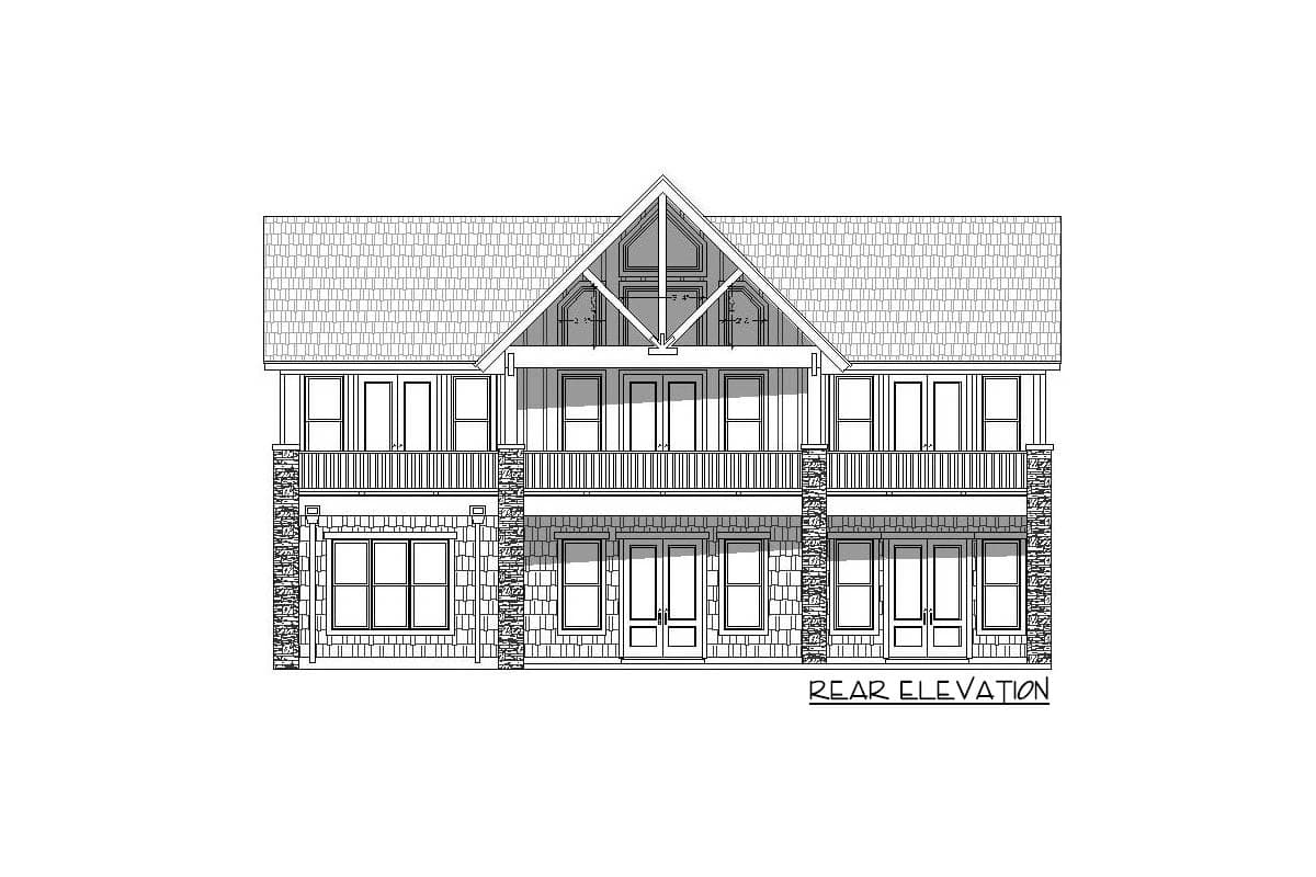 Rear elevation house plan with two stories, stone accents, double balconies, and a prominent gable.