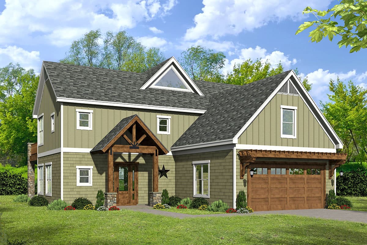 House plan exterior. Two-story Craftsman home with a gabled roof, timber-framed porch, and detached garage with pergola.