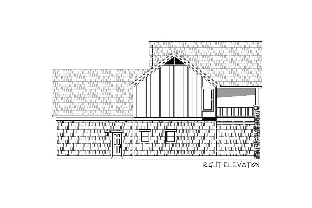 House plan right elevation drawing featuring shingle siding, vertical siding gable, dormer, and covered porch with stone supports.