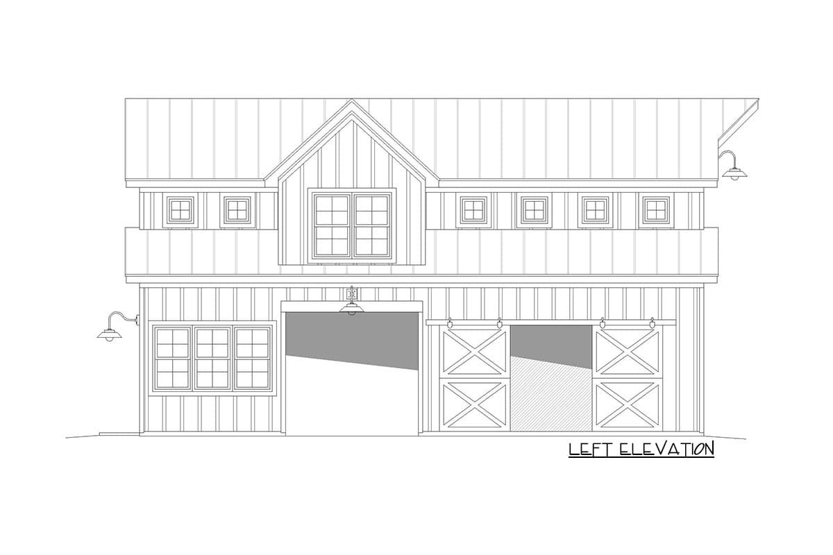 Left elevation drawing of a house plan with a gabled dormer, two garage bays with barn doors, and a balcony with multiple windows.