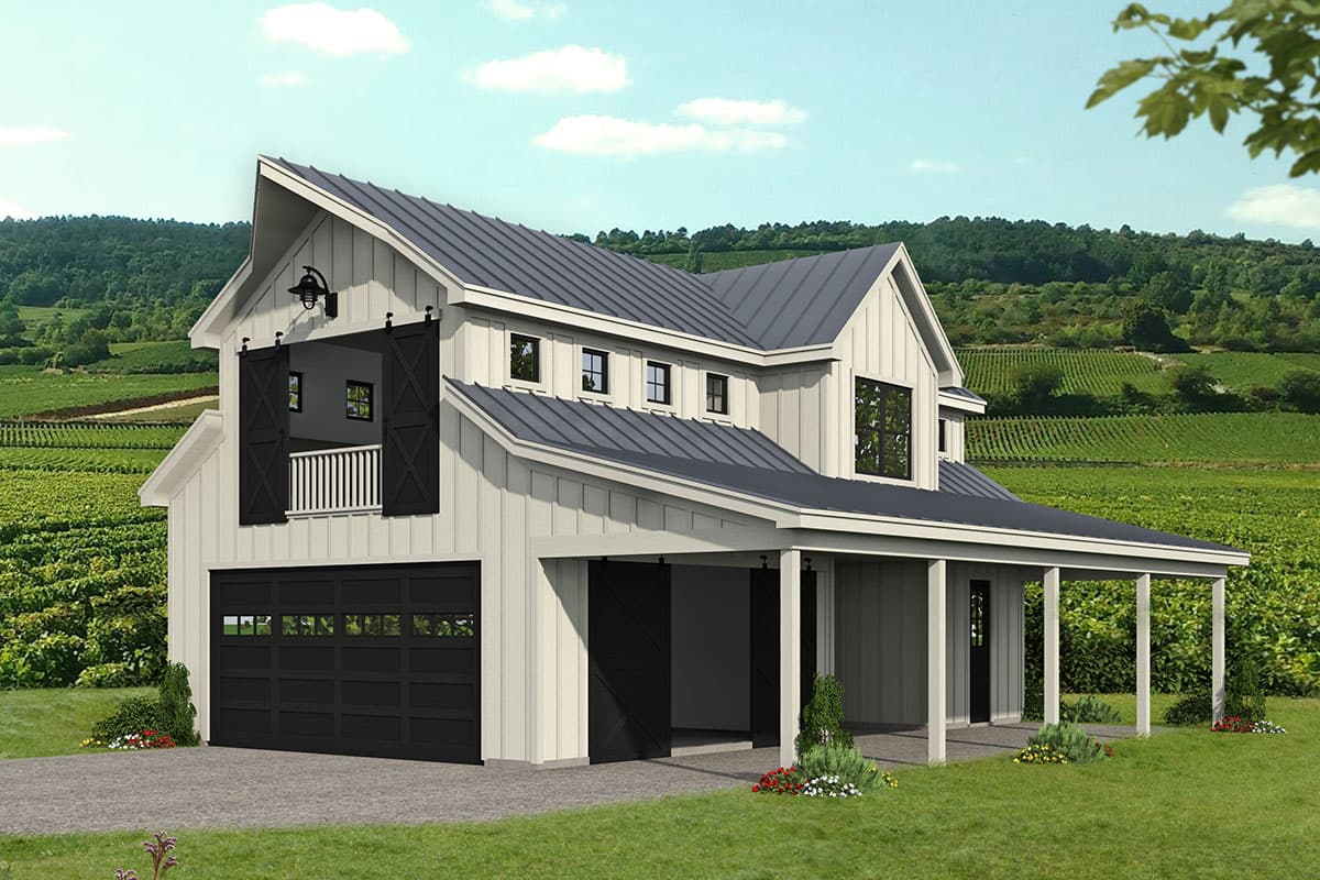 House plan exterior. Two-story Modern Farmhouse with gable roof, covered porch, and garage. Includes balcony with black shutters and a metal roof.