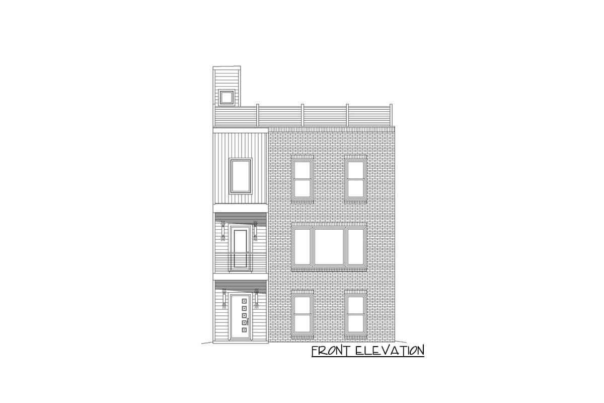 Front elevation drawing of a three-story house with brick and vertical siding, a balcony, and a rooftop deck.
