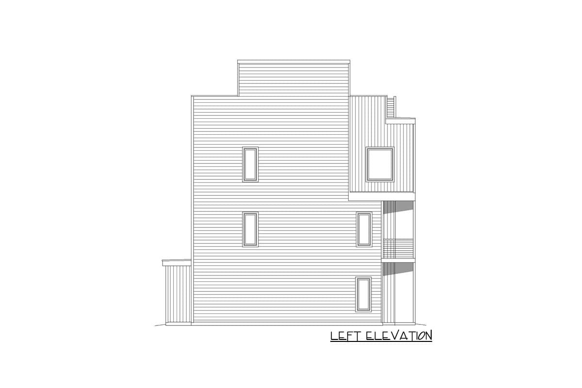 Left elevation drawing of a multi-story house plan with horizontal siding, varied window placements, and a small balcony.