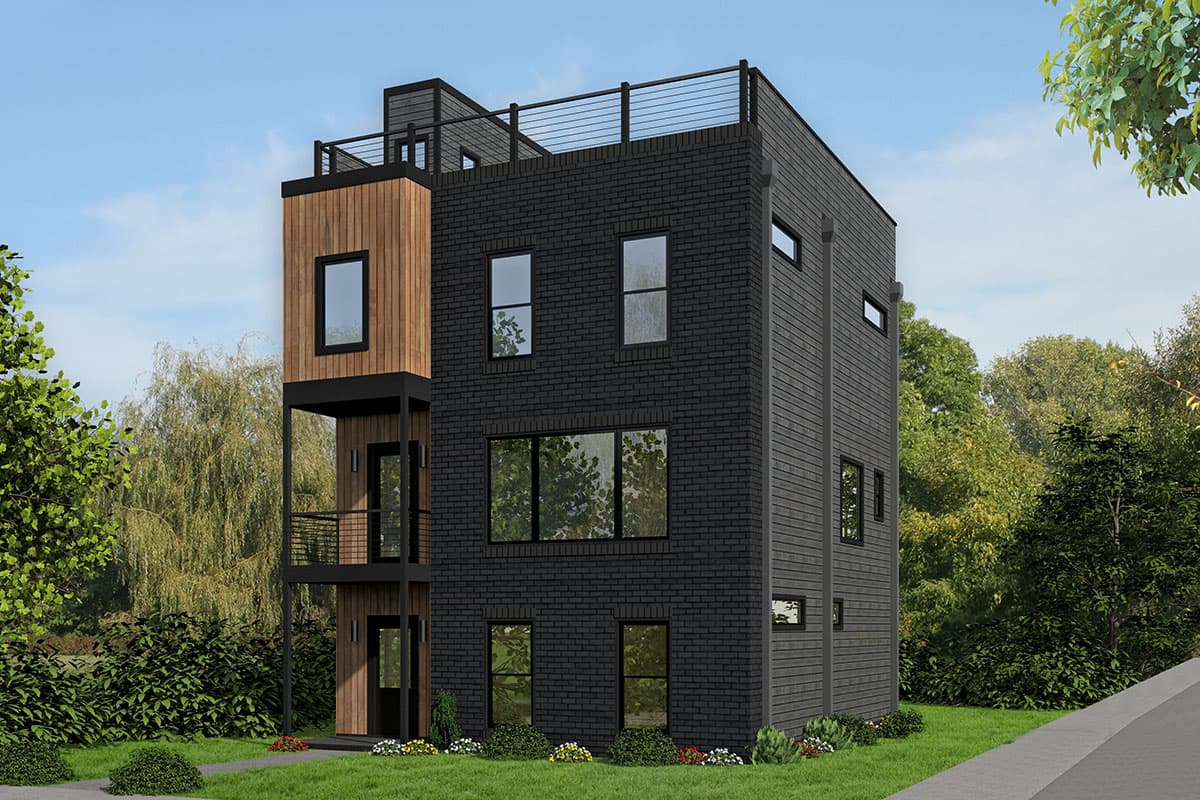 House plan exterior with modern design. Features include a three-story structure, a rooftop deck, a balcony, and contrasting wood and brick cladding.