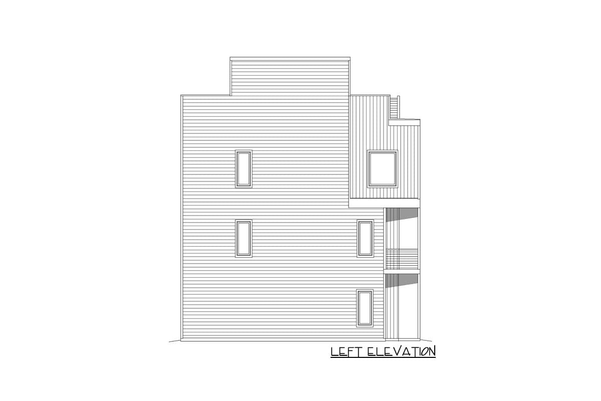 Left elevation drawing of a multi-story house plan with horizontal siding, stacked windows, and a cantilevered upper level with a balcony.