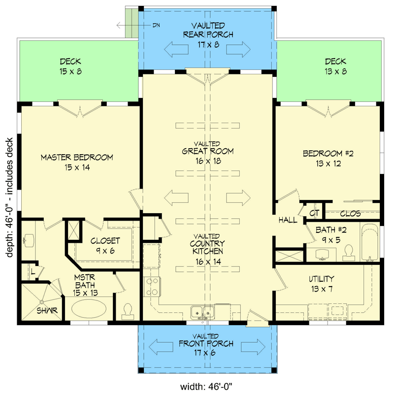 Plan 68641VR: 2-Bed Mountain Retreat with Front-to-Back Vaulted Interior - 1357 Sq Ft - Floor Plan - Main Level - Cabin, Country, Craftsman, Mountain, Rustic