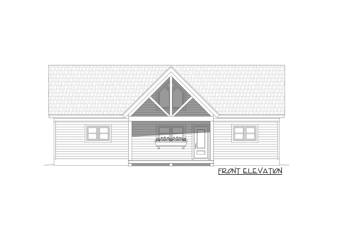 Front elevation drawing of a house plan with a covered porch, gabled roof, and two windows.