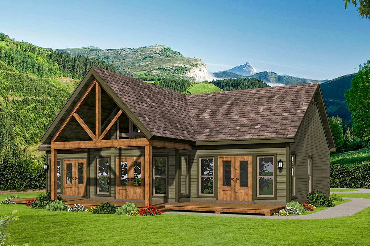 House plan exterior: Log cabin style, one story, with exposed timber framing under a gable roof and a covered porch.
