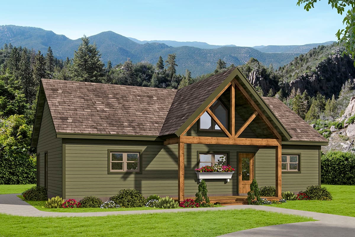 House plan exterior. One-story Craftsman with gable roof, exposed timber frame porch, and decorative window dormer.