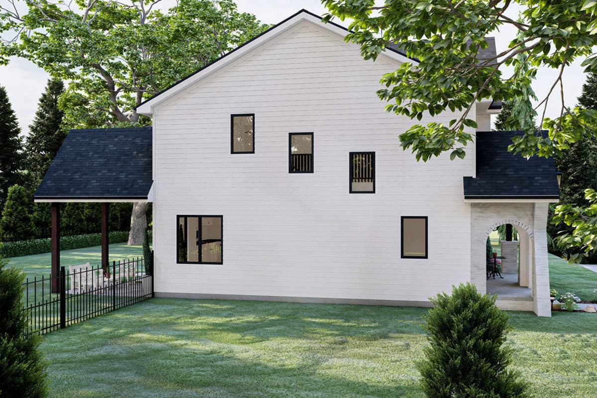 Modern farmhouse house plan exterior with white siding, dark roof, multiple gables, and covered porch with arched entry.
