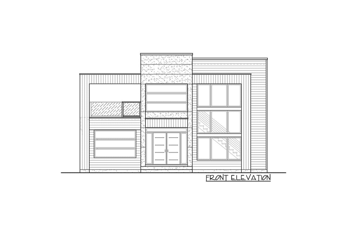 Front elevation drawing of a two-story modern house with a central entrance, multiple large windows, and horizontal siding.