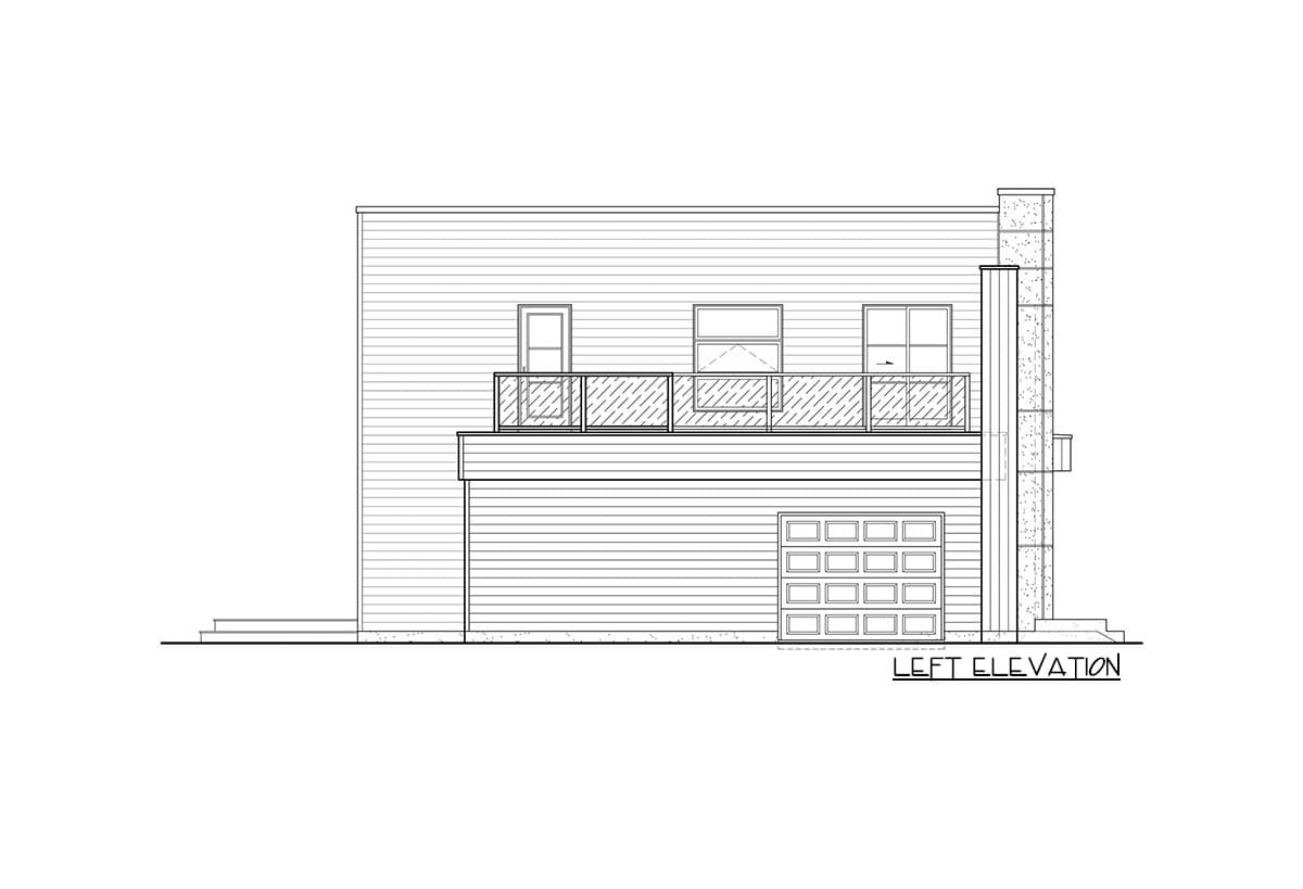 Left elevation drawing of a two-story house with horizontal siding, garage door, and balcony.
