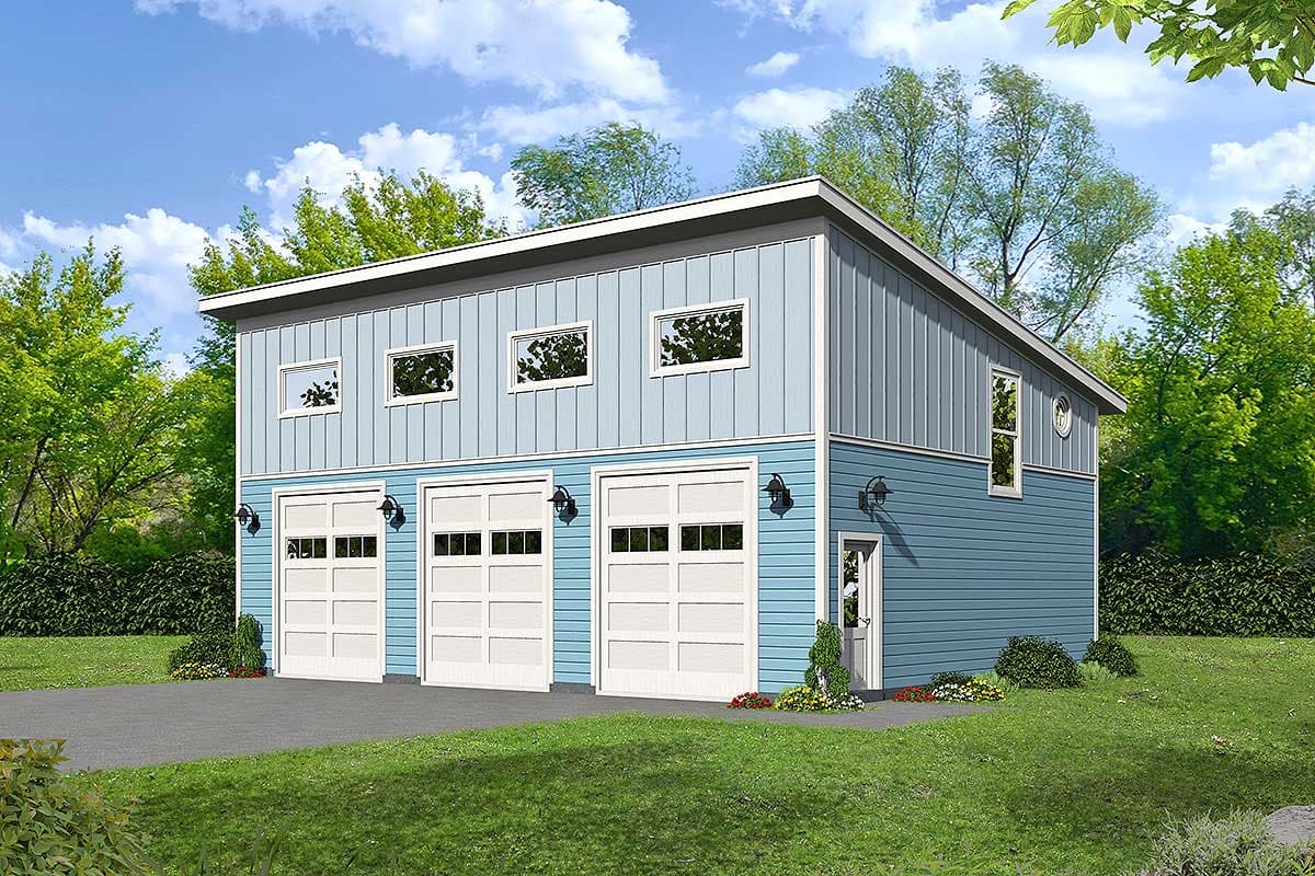 House plan exterior. Two-story structure with three garage bays. Features include a flat roof, three upper-level windows, and a side entry door.