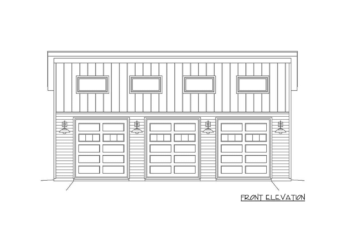 Front elevation drawing of a garage with three overhead doors and four rectangular windows above.