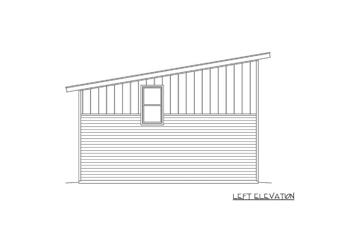 Left elevation drawing of a house plan with horizontal siding and vertical upper wall panels, featuring a single window and a sloped roof.