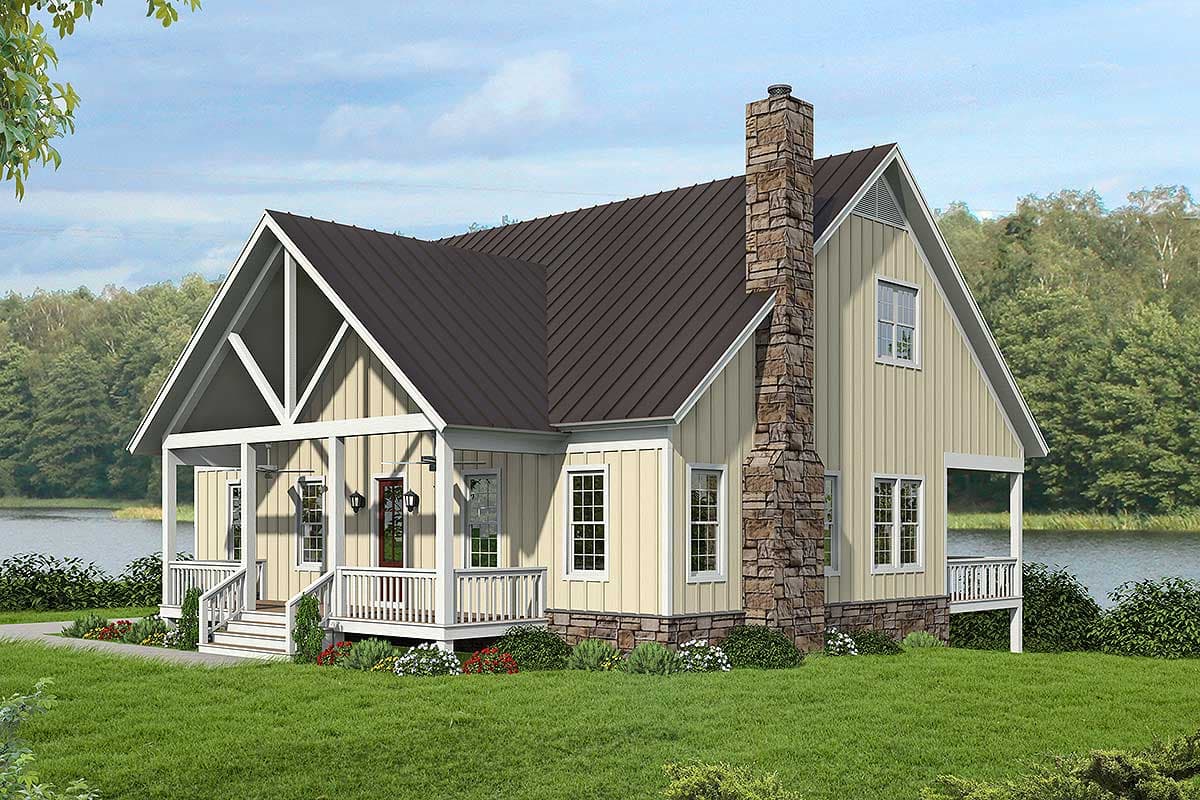 House plan exterior with Craftsman-style elements. Features include a front porch, gables, and stone chimney. One-story home with a metal roof.
