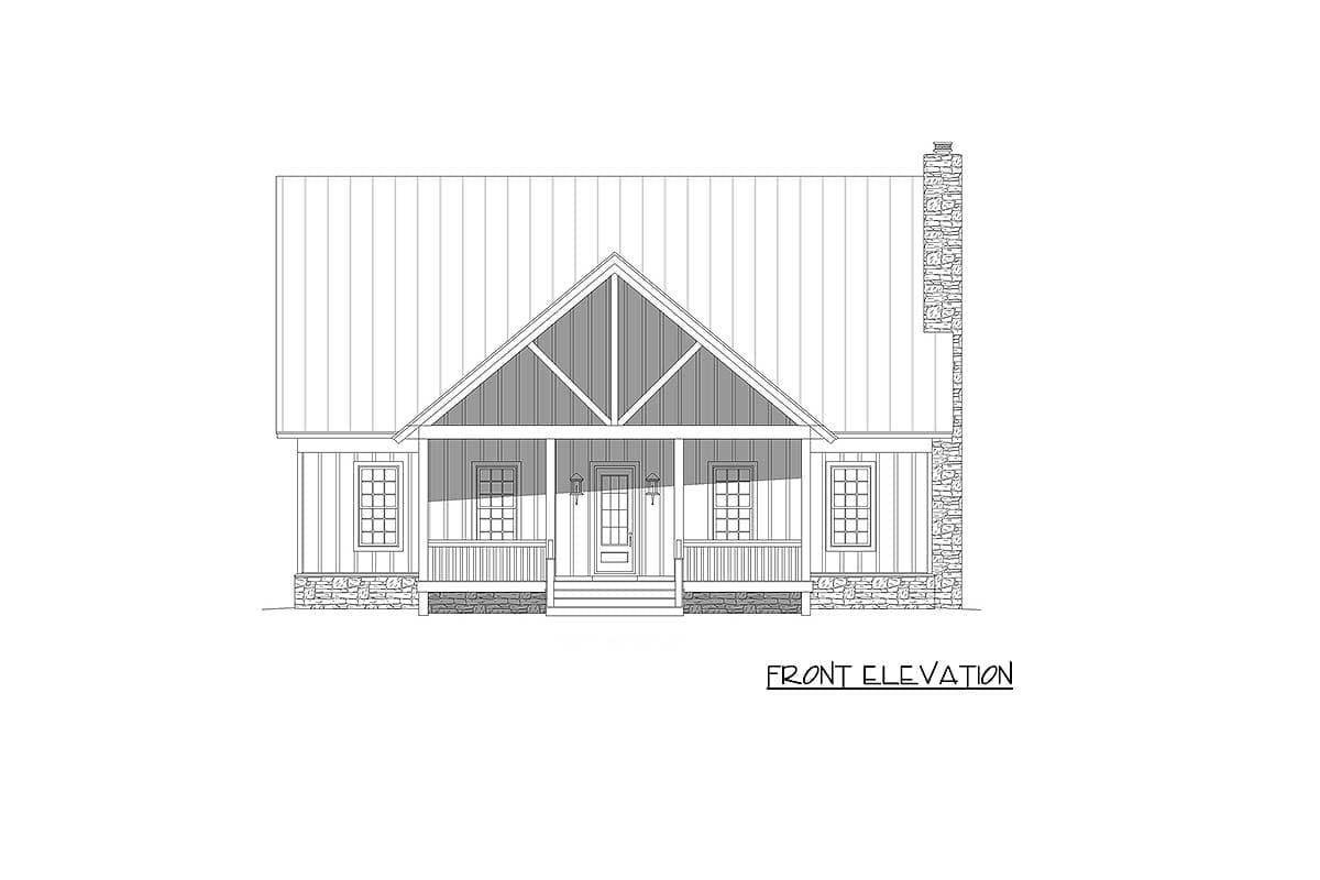 Front elevation drawing of a house plan featuring a prominent gable, covered porch, and stone chimney.