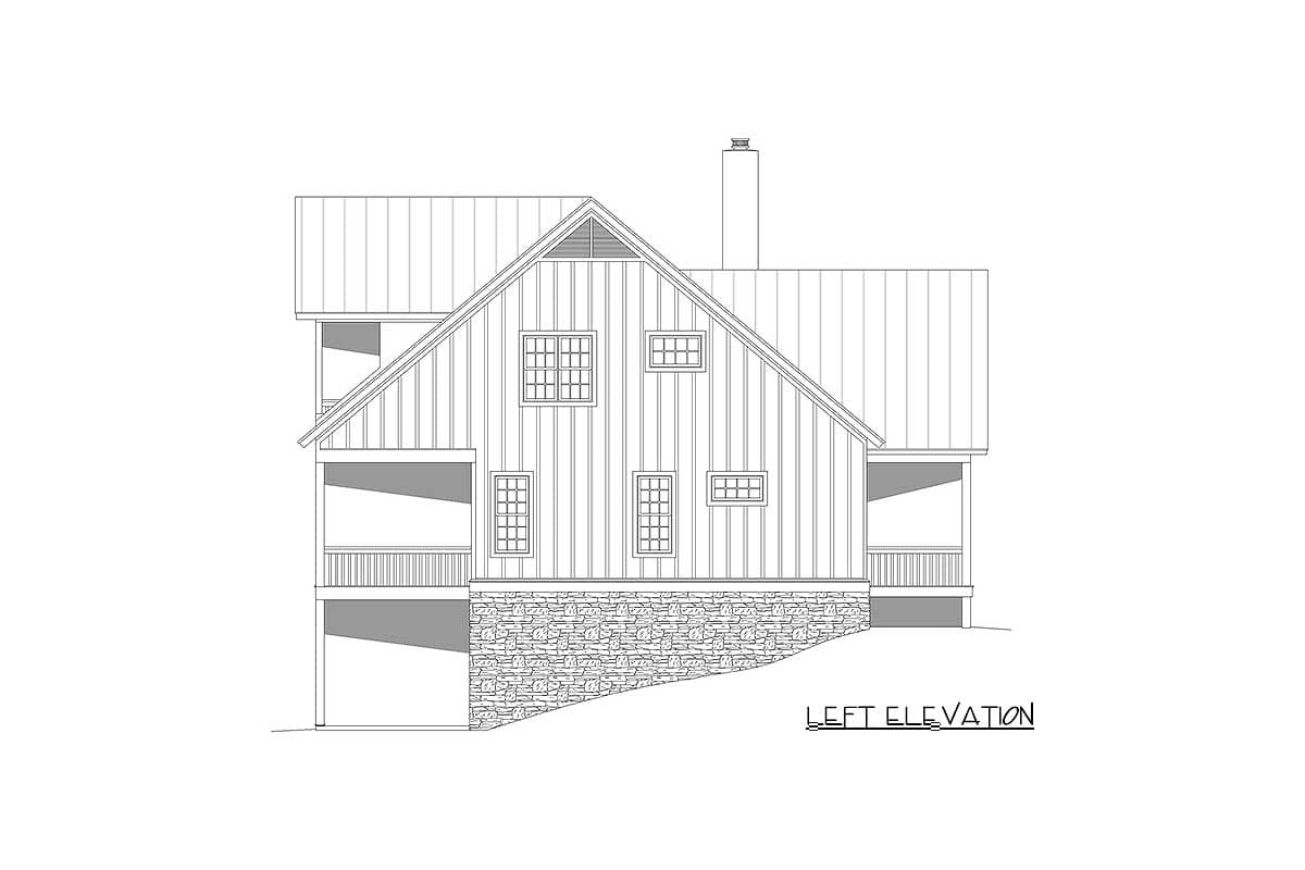 Left elevation of a house plan featuring a metal roof, gabled facade with multiple windows, covered porch, and stone foundation.