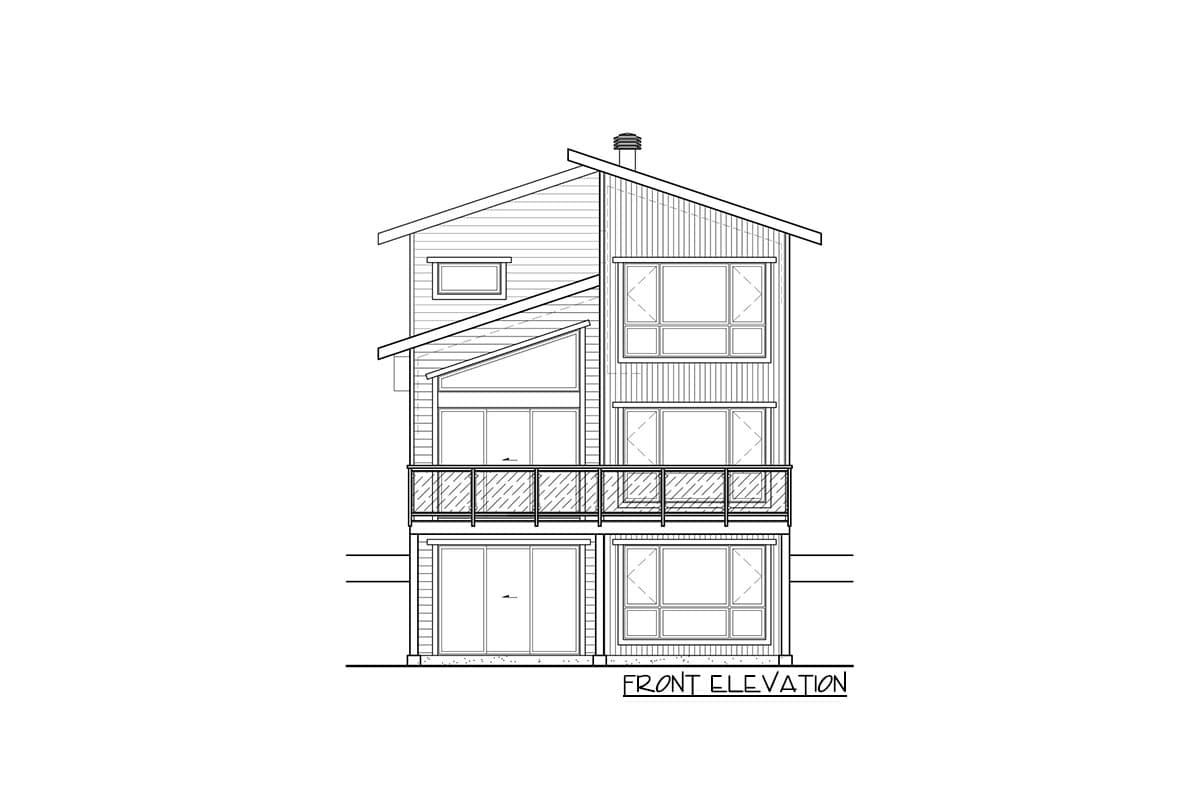 Front elevation drawing of a three-story house with a balcony, varied rooflines, and large windows.