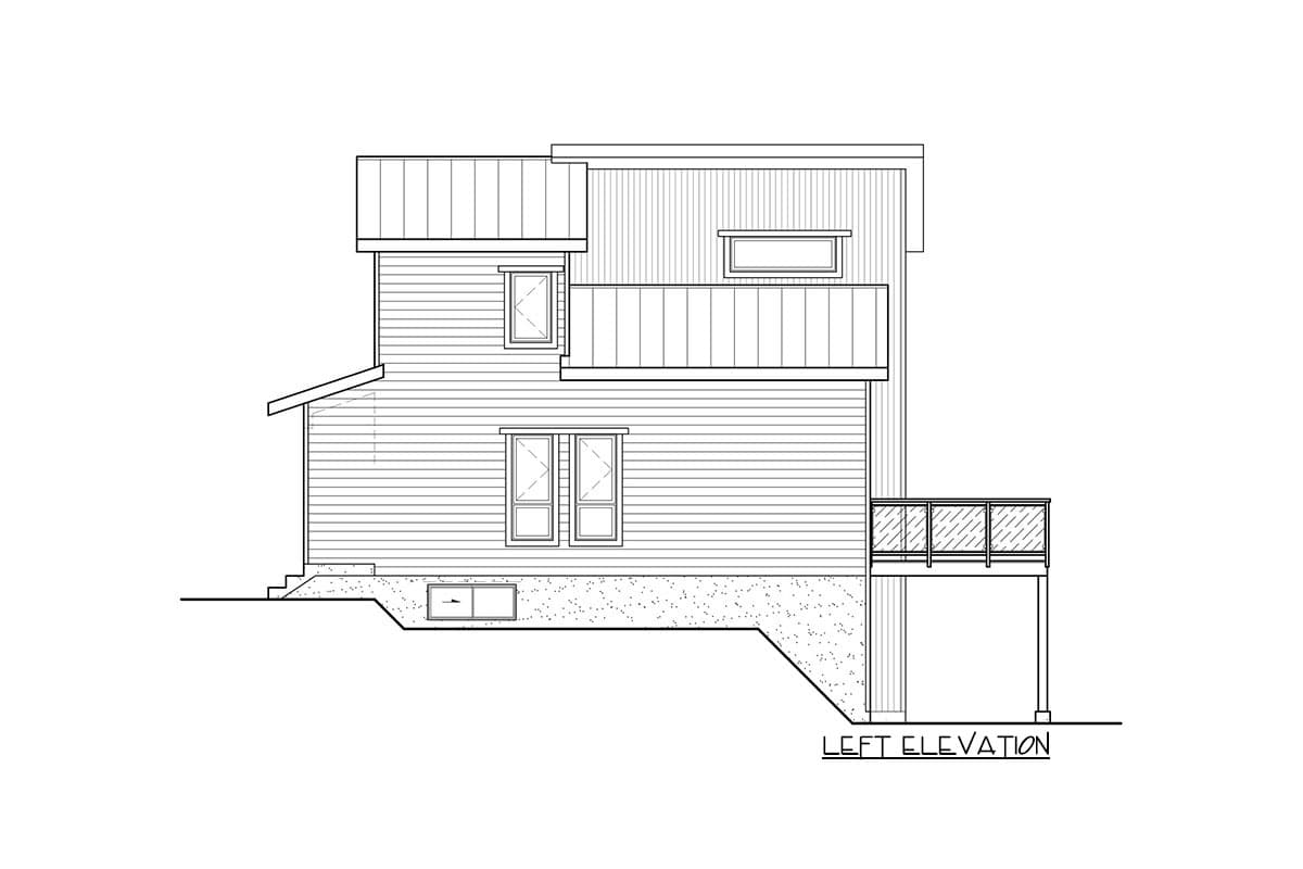 Left elevation of a two-story house plan with a deck, horizontal siding, and layered rooflines.